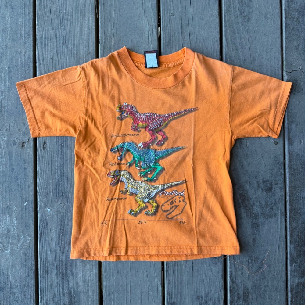 DinoPack Kids Orange Dinosaur Graphic T-Shirt Vintage Style Cotton Tee Size 6/7